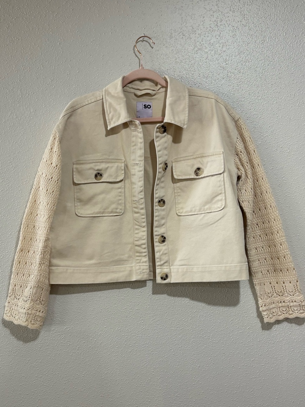 SO Cream Crochet Sleeve Utility Jacket Size Medium